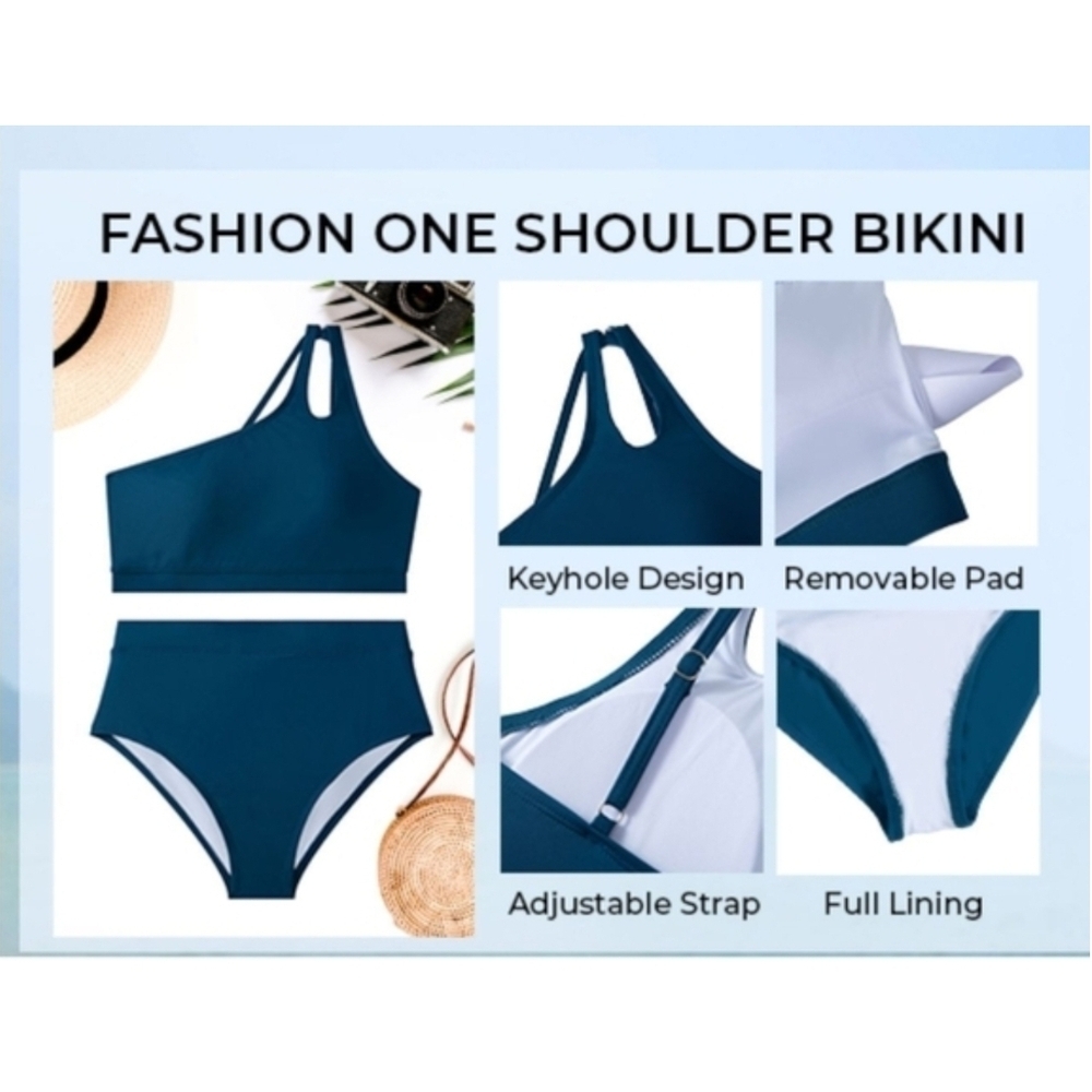 TEMPT ME - 20 Plus Teal One-Shoulder Two Piece Swimwear - Picture 11 of 14